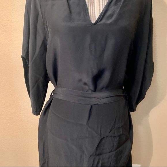 100% Silk Mini Dress Small Viereck Black Flowy V-Neck Tie Belt Short Sleeves - Picture 5 of 16